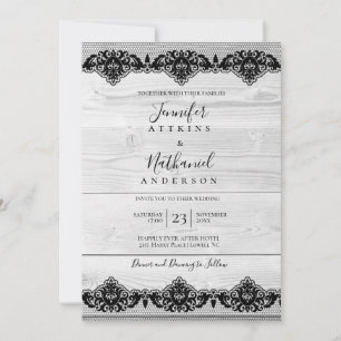 White Wood Black Lace Rustic Elegant Invitation