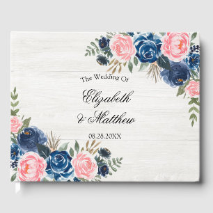 White Wood Blush Pink Navy Blue Peony Wedding Guest Book