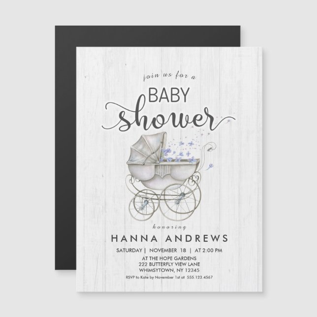 White Wood & Carriage Boy Baby Shower Invitation (Front/Back)