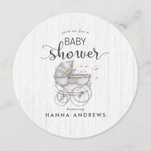 White Wood & Carriage Girl Baby Shower Invitation