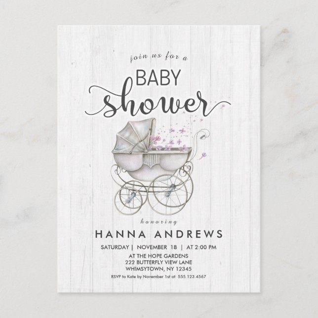 White Wood & Carriage Girl Baby Shower Invitation Postcard (Front)