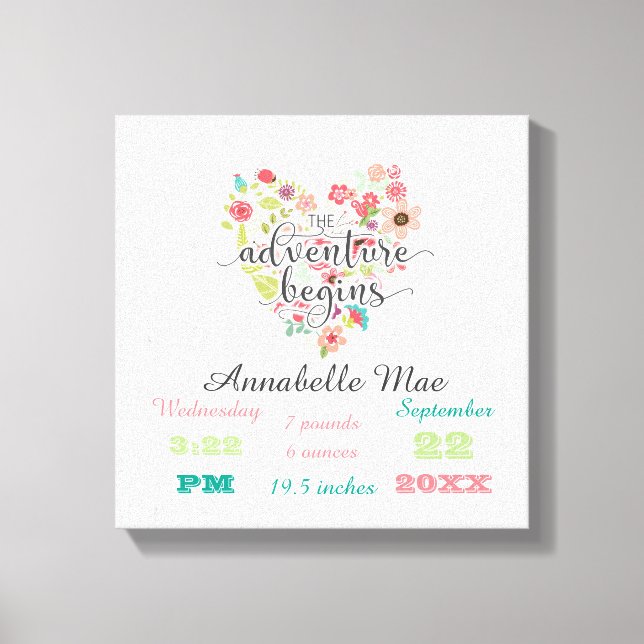 White Wood Chic Floral Heart Baby Girl Birth Stats Canvas Print (Front)