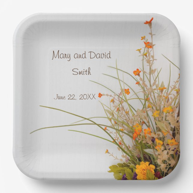 White Wood Fall Flowers Wedding Paper Plates (Front)