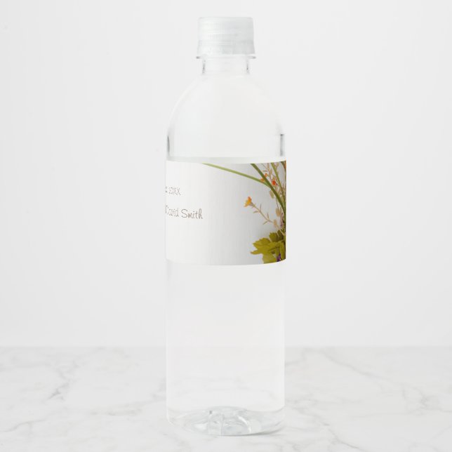 White Wood Fall Flowers Wedding Water Bottle Label (Front)