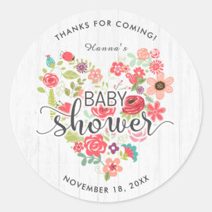 White Wood Floral Heart Girl Baby Shower Thank You Classic Round Sticker