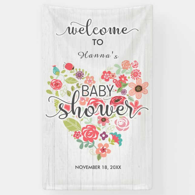 White Wood Floral Heart Girl Baby Shower Welcome Banner (Vertical)