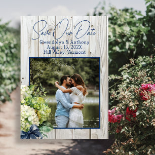White Wood Green Flowers Photo Save the Date Invitation