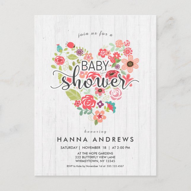 White Wood & Heart Girl Baby Shower Invitation Postcard (Front)
