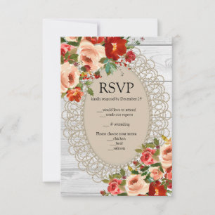 White Wood Lace Red Flowers Roses Rustic RSVP Card