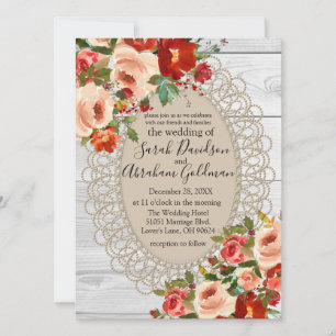 White Wood Lace Red Flowers Roses Rustic Wedding Invitation