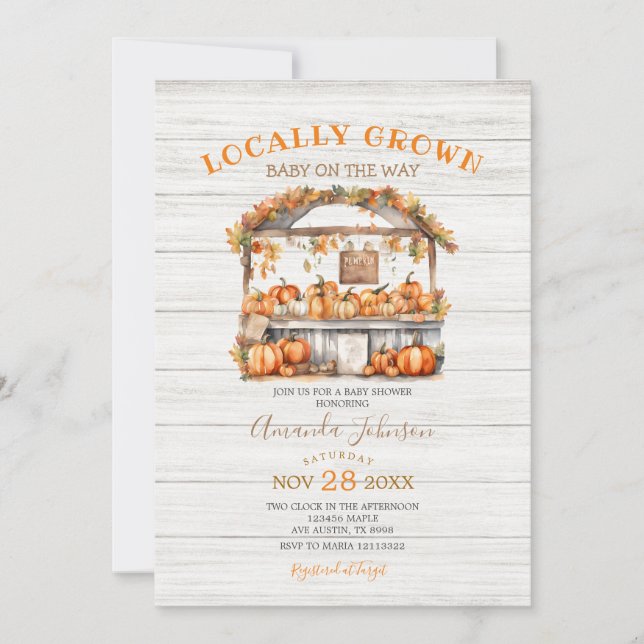 White Wood Locally Grown Pumpkin Fall Baby Shower Invitation (Front)