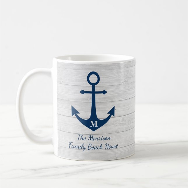 White Wood Monogram Beach House Anchor Family Coffee Mug (Left)