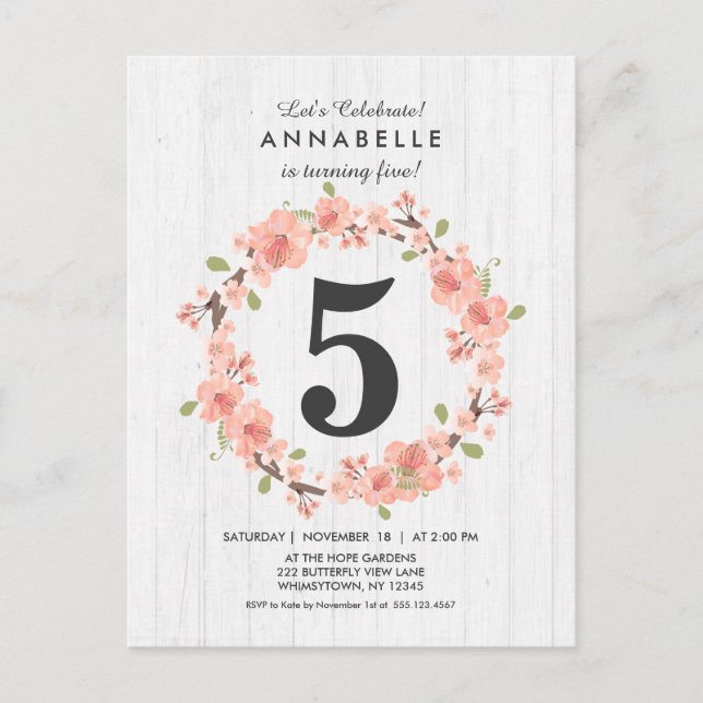 White Wood Peach Floral Birthday Party Invitation (Front)