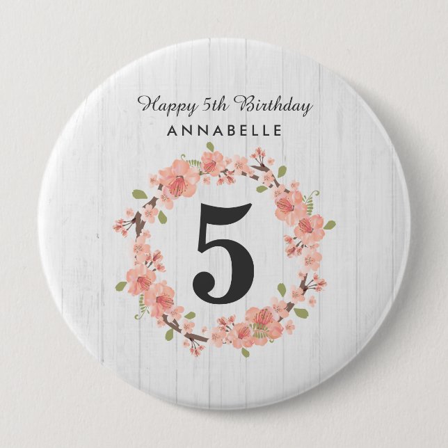 White Wood & Peach Floral Wreath Happy Birthday 10 Cm Round Badge (Front)
