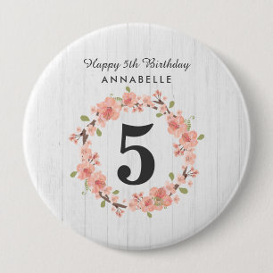 White Wood & Peach Floral Wreath Happy Birthday 10 Cm Round Badge