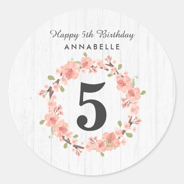 White Wood & Peach Floral Wreath Happy Birthday Classic Round Sticker (Front)