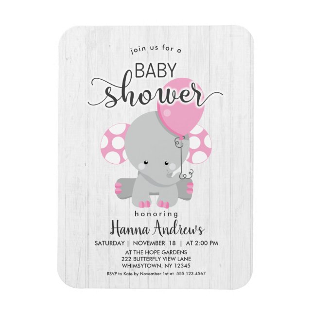White Wood Pink Elephant Baby Shower Invitation Magnet (Vertical)