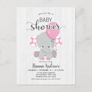 White Wood Pink Elephant Baby Shower Invitation Postcard