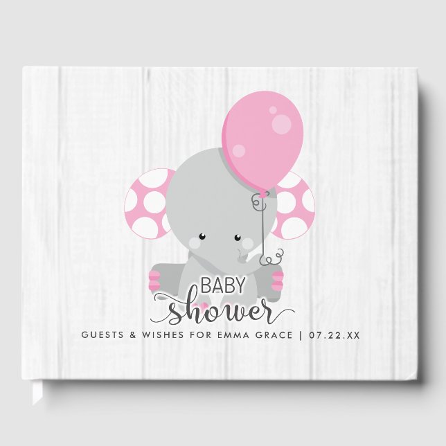White Wood & Pink Elephant Wishes for Baby Shower Guest Book (Front)