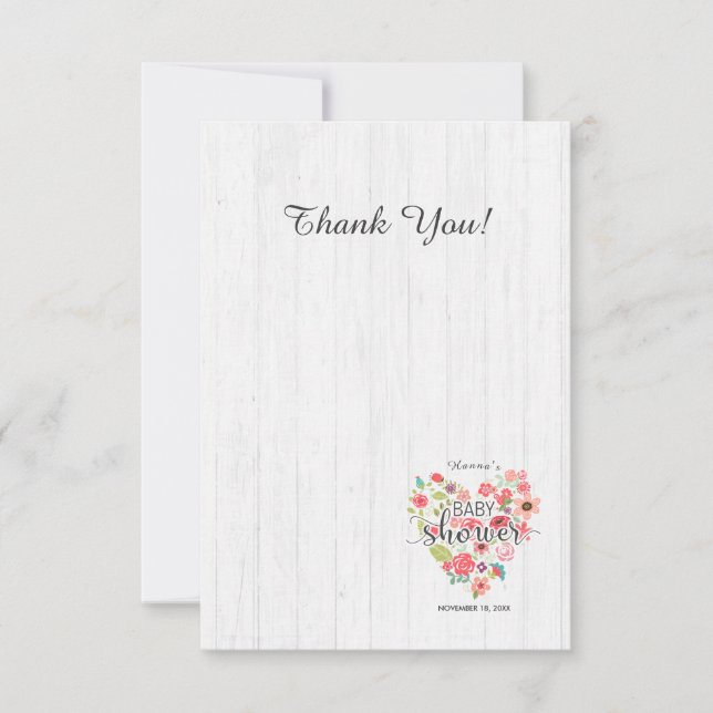 White Wood & Pink Floral Heart Girl Baby Shower Invitation (Front)