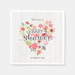 White Wood & Pink Floral Heart Girl Baby Shower Napkin