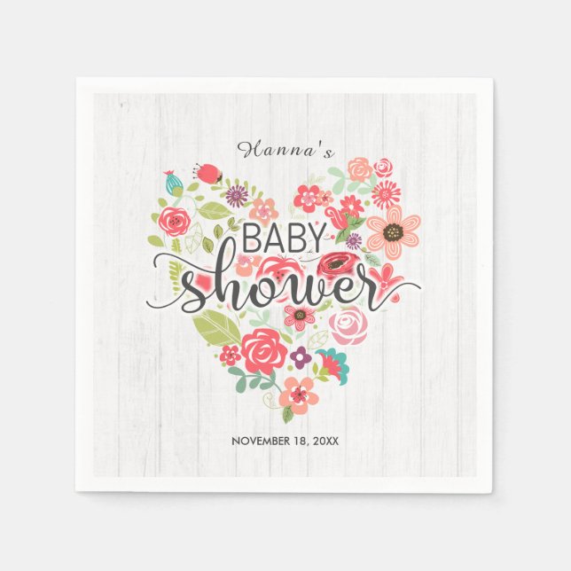 White Wood & Pink Floral Heart Girl Baby Shower Napkin (Front)