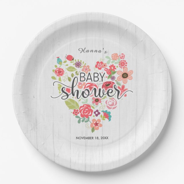 White Wood & Pink Floral Heart Girl Baby Shower Paper Plate (Front)