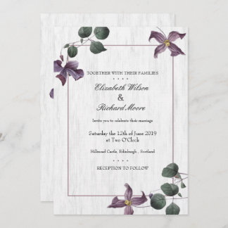 White Wood Purple Flowers Wedding Invite
