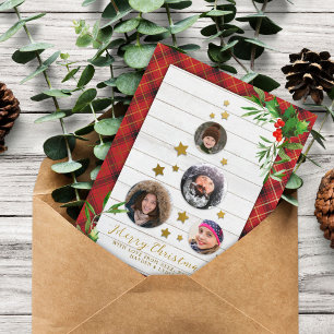 White Wood & Red Plaid   Christmas Tree 4 Photo Holiday Postcard