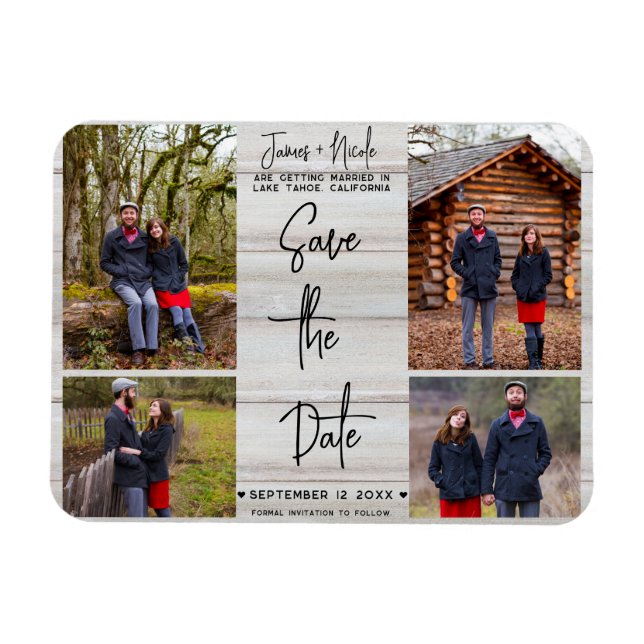 White Wood Rustic 4 Photos Save the Date Wedding  Magnet (Horizontal)