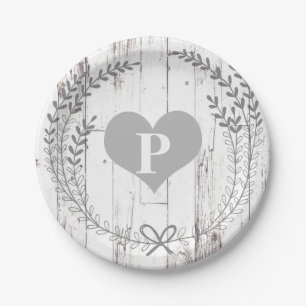 White Wood Rustic Farmhouse Monogram Wedding Paper Plate