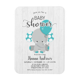 White Wood Teal Elephant Baby Shower Invitation Magnet