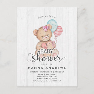 White Wood Teddy Bear Girl Baby Shower Invitation Postcard