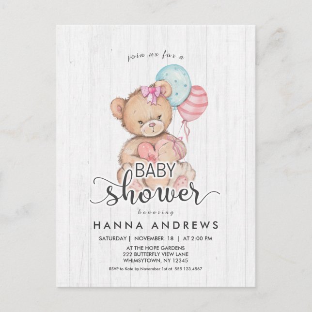 White Wood Teddy Bear Girl Baby Shower Invitation Postcard (Front)