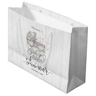 White Wood & Vintage Carriage Girl Baby Shower Large Gift Bag