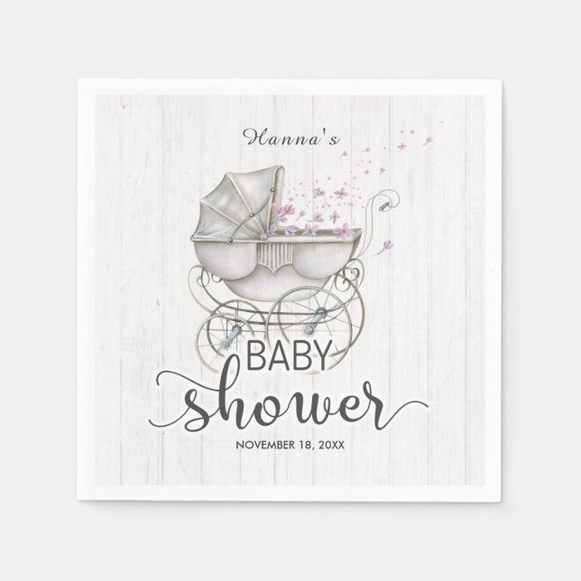 White Wood & Vintage Carriage Girl Baby Shower Napkin (Front)