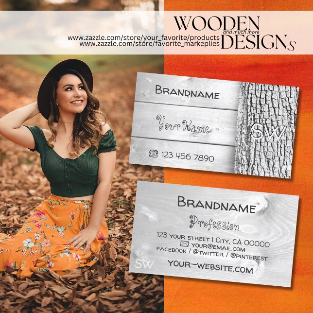 White Wooden Boards Rustic Tree Bark with Monogram Business Card (Creator Uploaded)