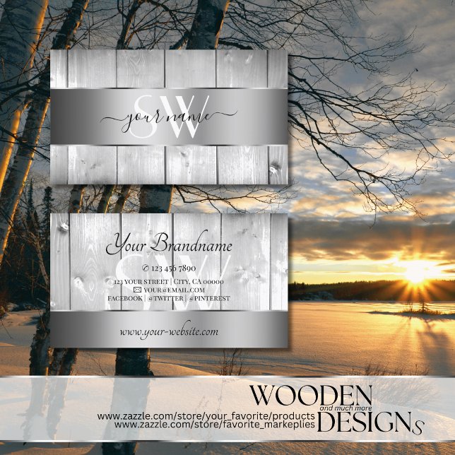 White Wooden Boards Wood Grain and Monogram Silver Business Card (Creator Uploaded)