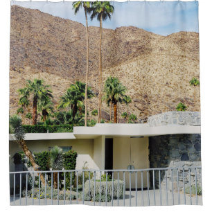 WHITE WOODEN FENCE NEAR GREEN PALM TREE DURING DAY SHOWER CURTAIN