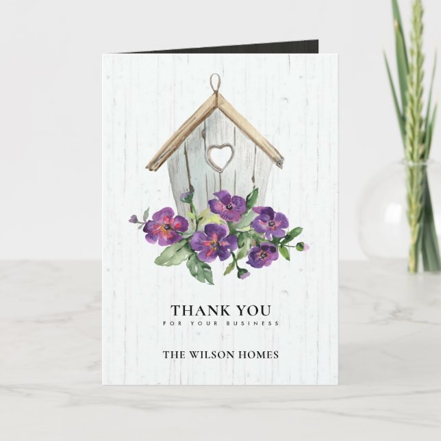 WHITE WOODEN FLORAL BIRDHOUSE REALTOR REAL ESTATE THANK YOU CARD (Front)