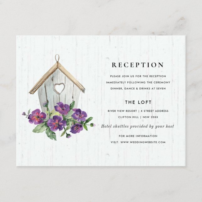 WHITE WOODEN FLORAL BIRDHOUSE WEDDING RECEPTION ENCLOSURE CARD (Front)
