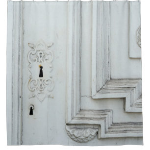 White wooden frame shower curtain
