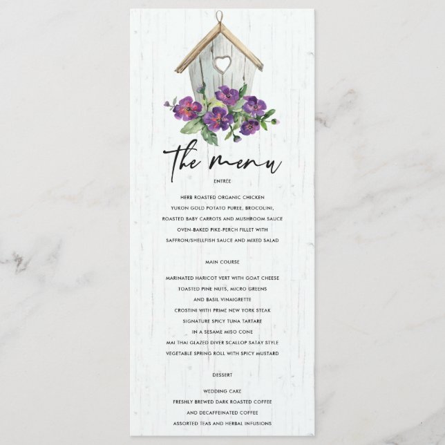 WHITE WOODEN RUSTIC FLORAL BIRDHOUSE WEDDING MENU (Front)