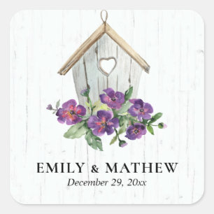 WHITE WOODEN RUSTIC FLORAL BIRDHOUSE WEDDING SQUARE STICKER