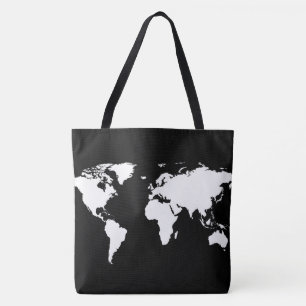 white world map on black tote bag