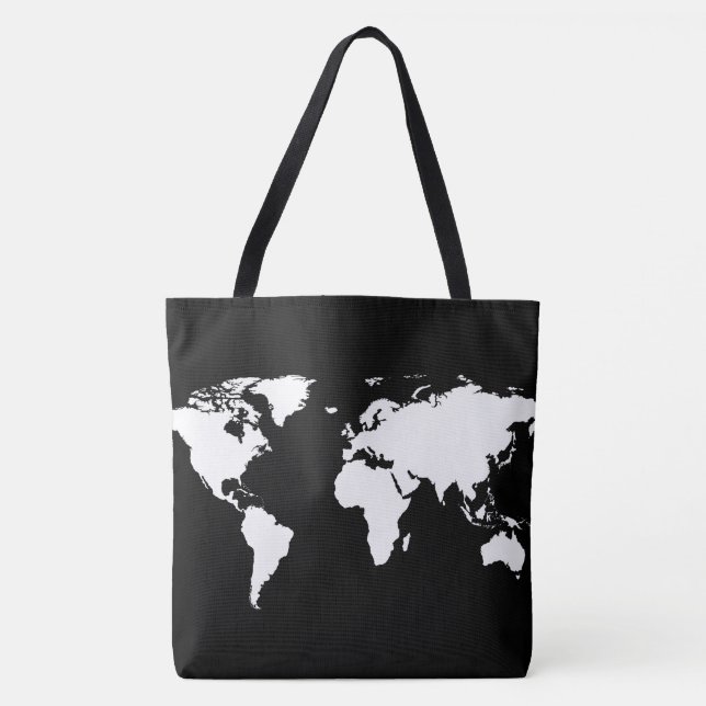 white world map on black tote bag (Front)