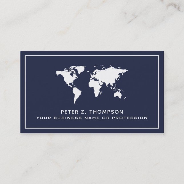 white worldmap on dark blue international business card (Front)