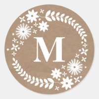White Wreath Monogram Brown Paper Inspired Sticker