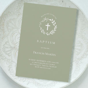 white wreath on olive green   Baptism Invitation