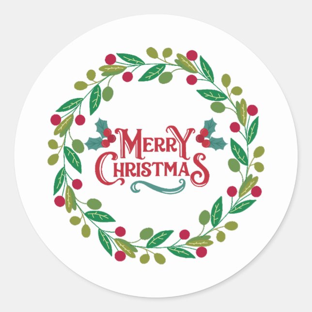 White Wreathed Merry Christmas Sticker (Front)